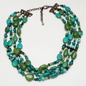 Vintage Green Faux Turquoise Acrylic goldtone bead metal clasp 4 strand necklace
